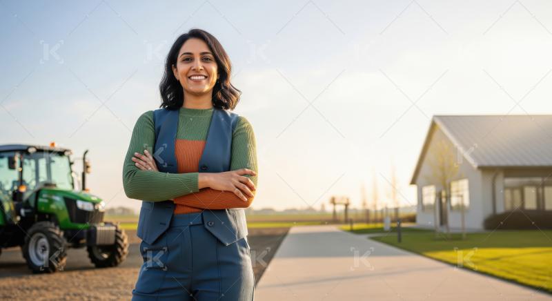 Smiling Woman Farmer Standing Confidently on Modern Farm