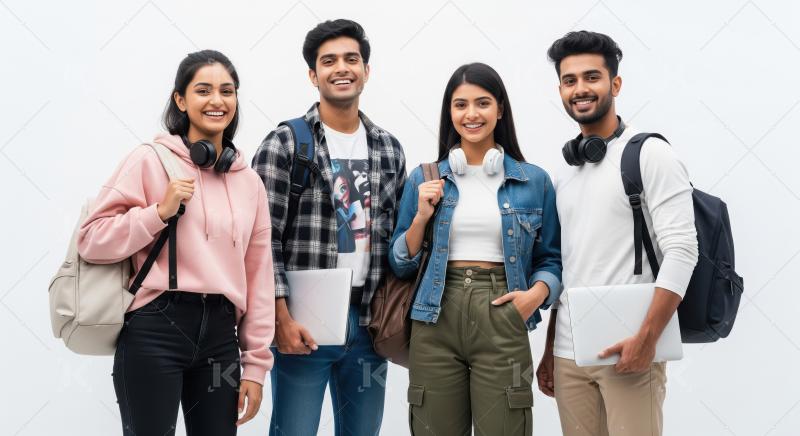 Happy Young Indian Students with Backpacks, Headphones, and Lapt
