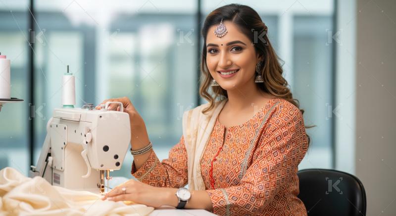Smiling Indian Woman Tailoring Fabric on Sewing Machine