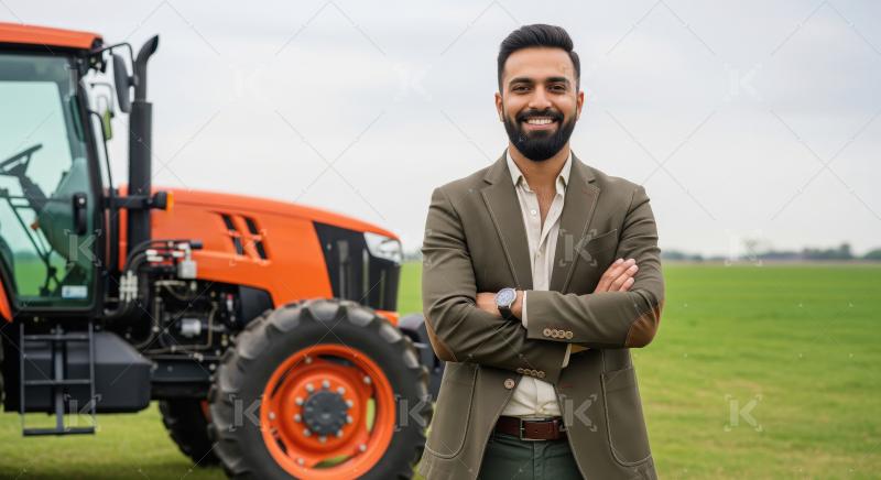 Young Professional Farmer Smiling Confidently Beside Modern Trac