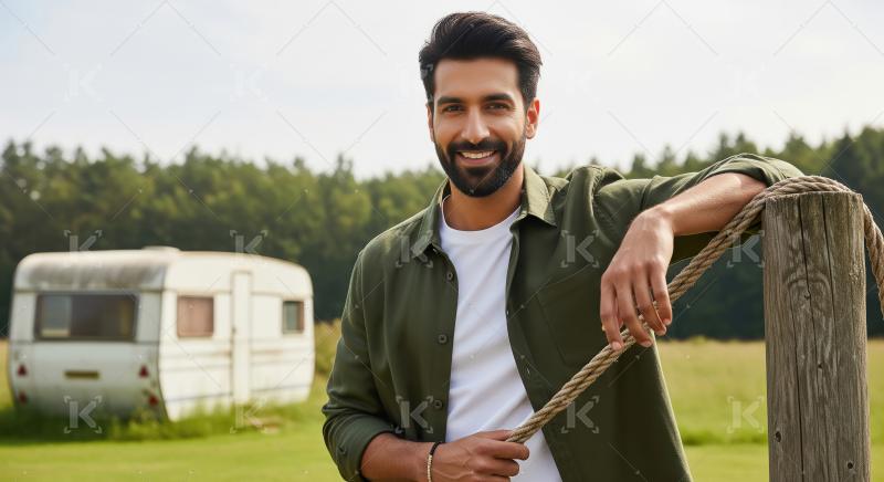 Smiling Bearded Man Leaning on Rope Post Outdoors by Caravan