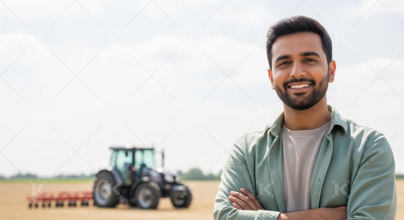 Young Confident Farmer Smiling in Field with Tractor Background