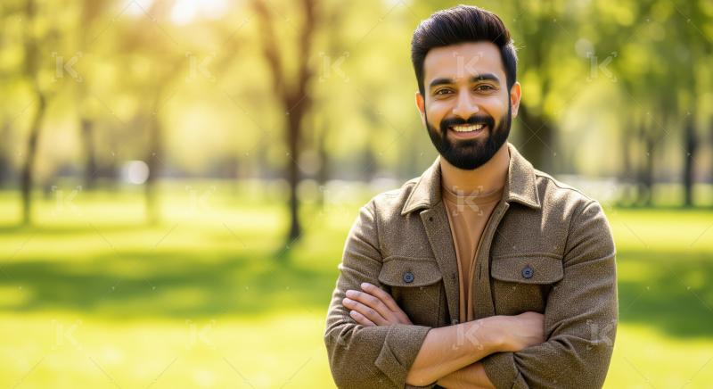Confident Bearded Man Smiling with Crossed Arms in Sunny Park