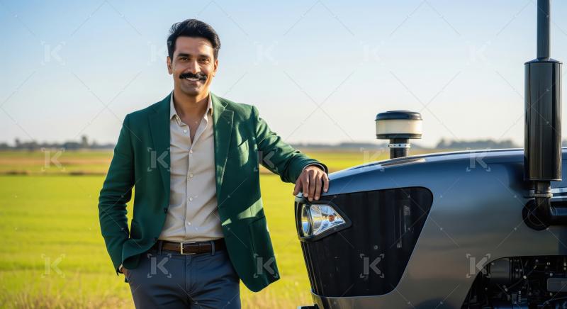 Smiling Farmer Confidently Poses with Modern Tractor in Green Fi
