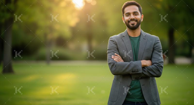 Confident Young Indian Man Smiling in Green Park at Sunset
