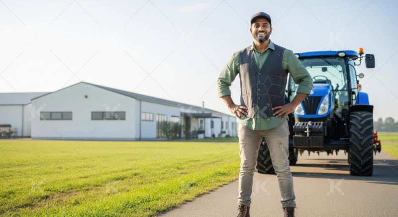 Confident Modern Farmer Posing with Tractor at Agricultural Faci