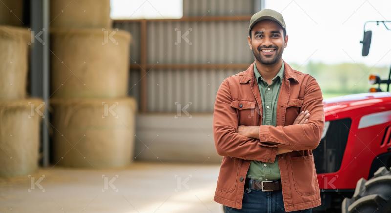 Happy Young Farmer Smiling in Barn with Tractor and Hay