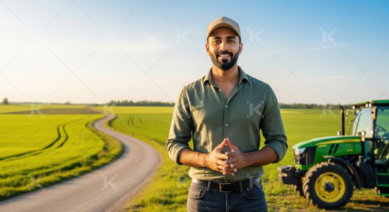 Smiling Farmer Portrait with Tractor in Green Field at Sunset