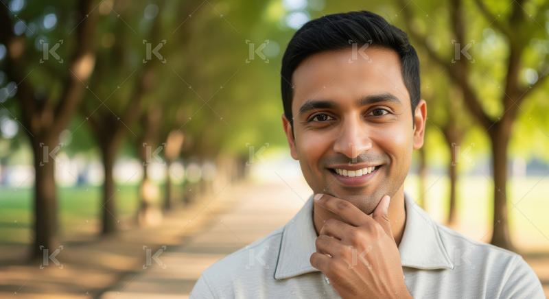 Smiling South Asian Man in Park, Hand on Chin