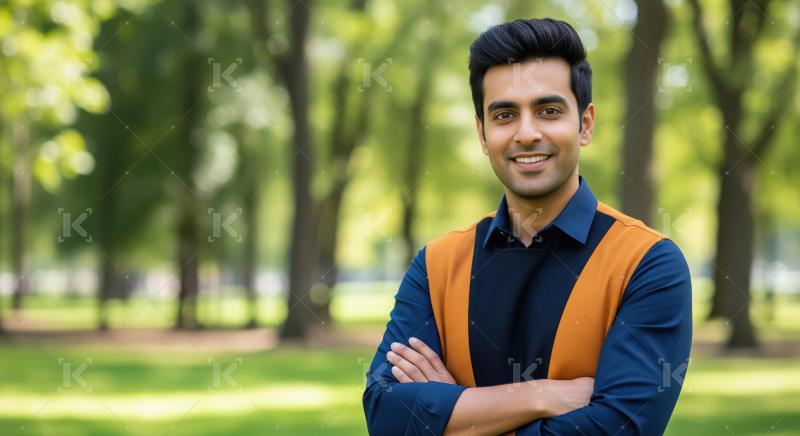 Confident Young Man Smiling in Park, Arms Crossed