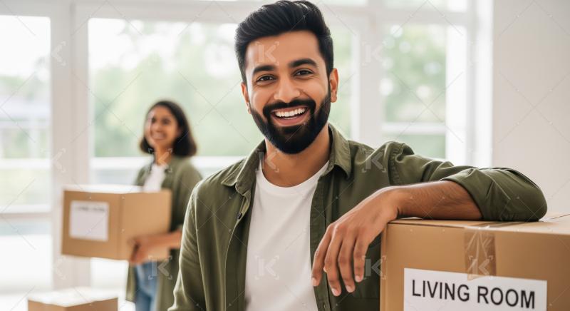 Happy Man Leaning on Moving Box in New Home