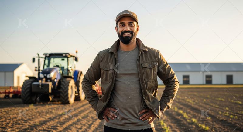 Confident Farmer Smiling in Field with Tractor Background