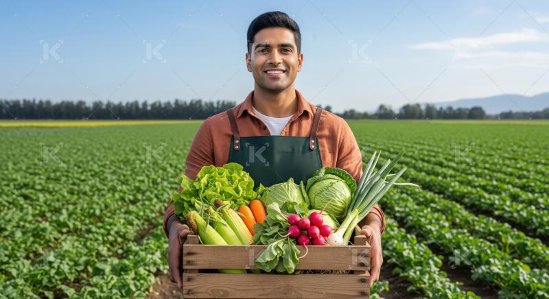 Young Farmer Displays Fresh Organic Vegetables from Bountiful Ha