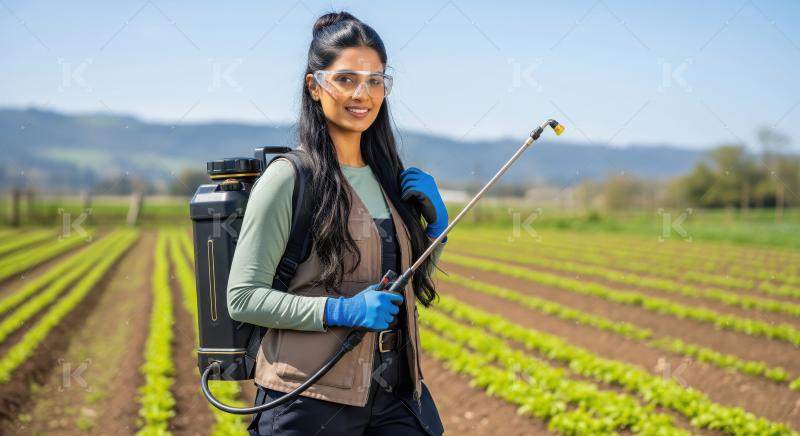 Young Woman Farmer with Sprayer in Sunny Crop Field