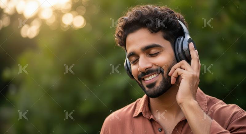 Happy Man Enjoying Music Outdoors with Wireless Headphones