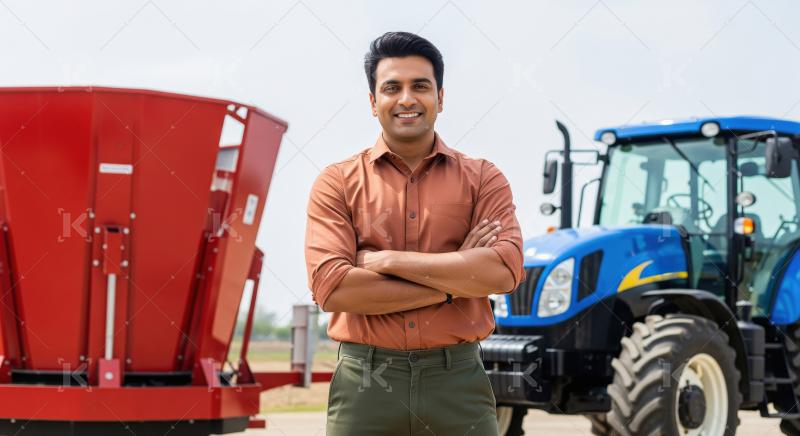 Smiling Indian Farmer with Modern Agricultural Tractor and Machi
