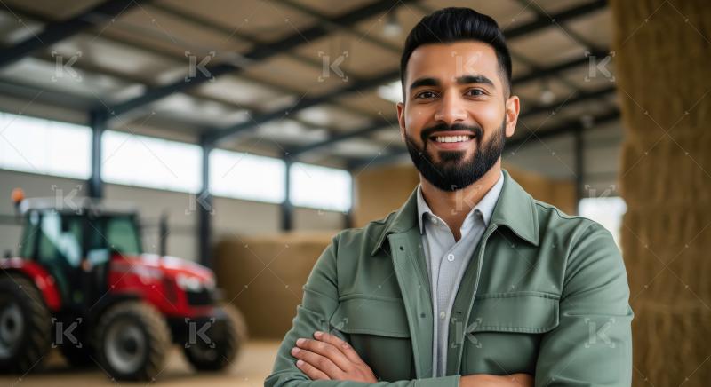 Smiling Young Farmer in Modern Barn with Tractor