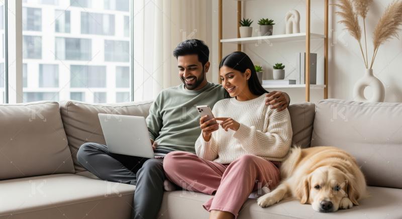Happy Couple and Dog Relaxing on Sofa with Devices