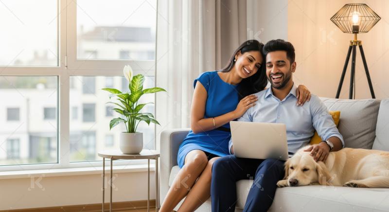 Happy Diverse Couple Relaxing at Home with Dog and Laptop