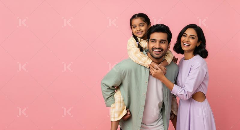 Joyful Indian Family with Daughter on Piggyback Ride, Smiling Ha