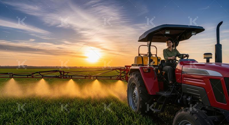 Woman Farmer Drives Tractor, Spraying Green Field at Sunset