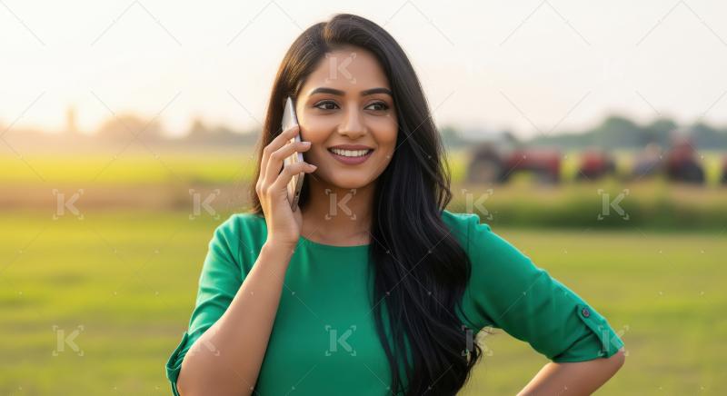 Young Indian Woman Smiling, Talking on Smartphone in Rural Field