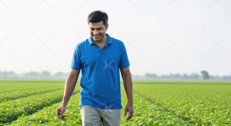 Happy Farmer Inspecting Healthy Green Crops in His Field