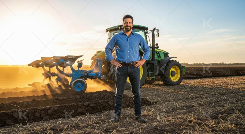 Smiling farmer beside his modern tractor at golden hour