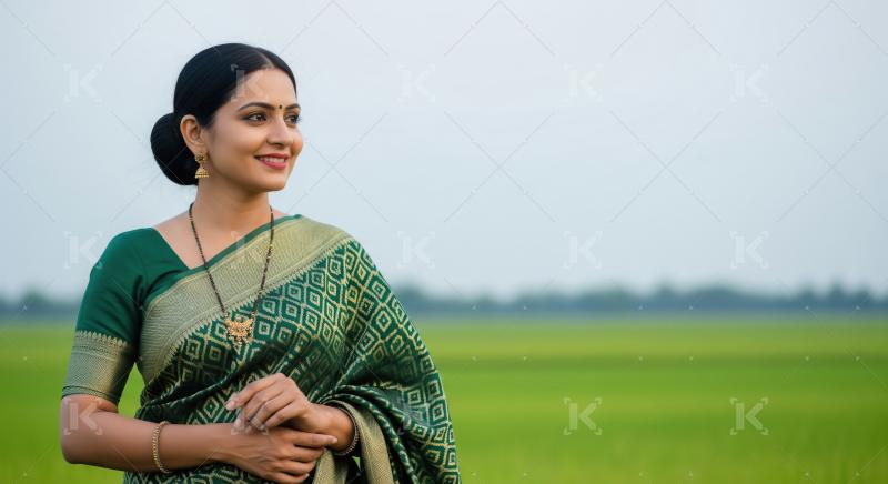 Elegant Indian Woman in Traditional Saree Smiling in Green Field
