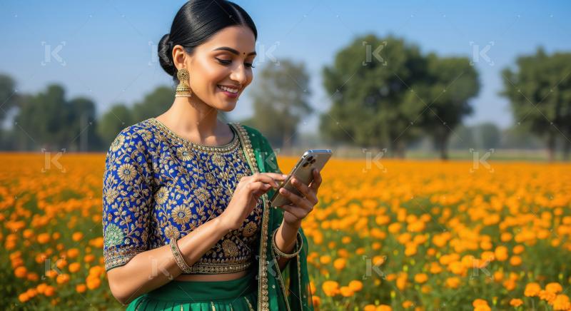 Indian Woman Smiling, Using Phone in Vibrant Marigold Field