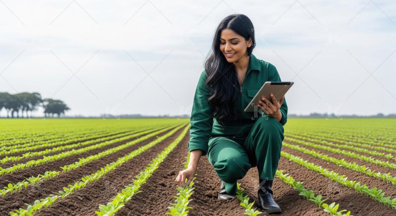 Young Farmer Uses Tablet to Monitor Crop Growth