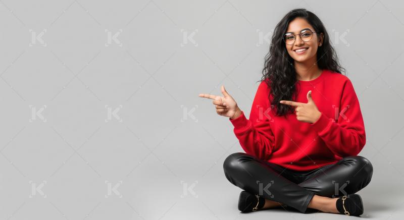 Happy Indian Woman Pointing to Copy Space with Both Hands