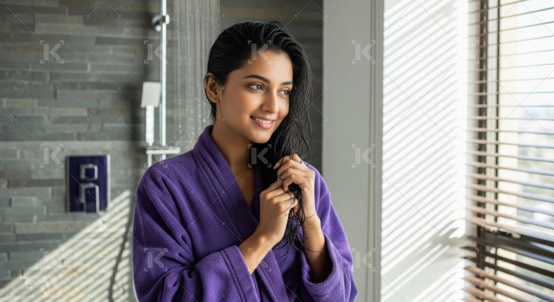 Smiling woman with wet hair wearing purple bathrobe after shower