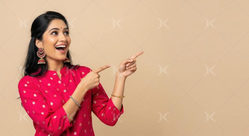 Happy Indian Woman Pointing Excitedly to Copy Space