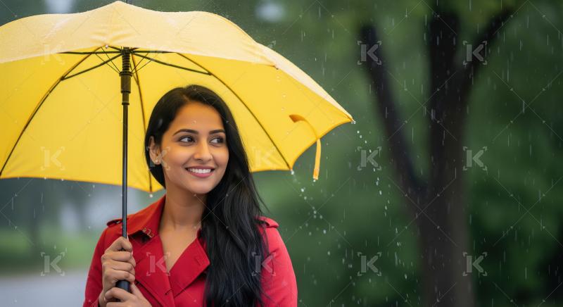 Cheerful Young Woman Smiling Under Yellow Umbrella in Rain