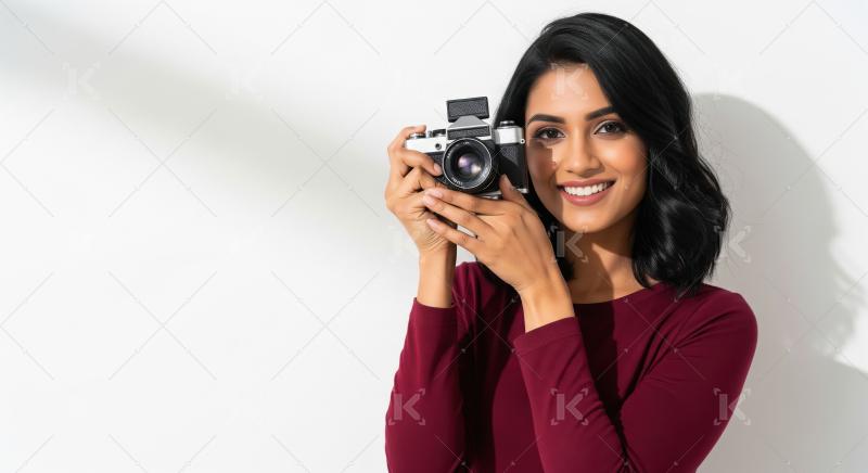 Young Woman Smiling Holding Vintage Camera, Ready to Shoot