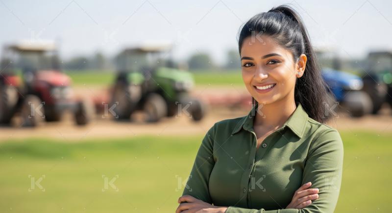 Smiling Indian woman farmer with tractors in agricultural field