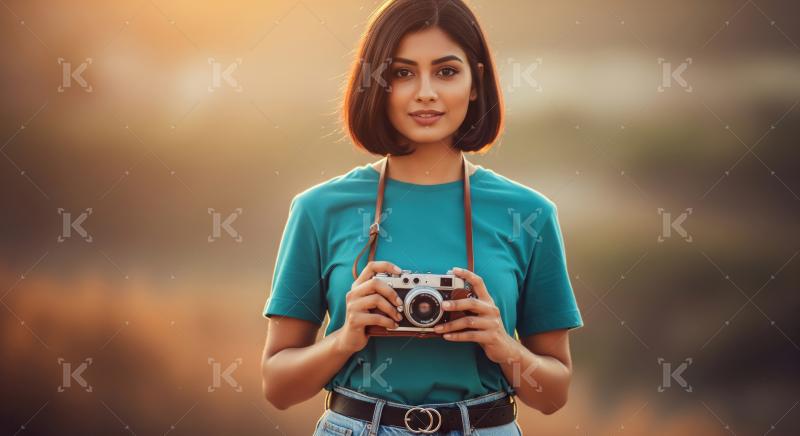 Beautiful woman photographer holding classic camera outdoors at