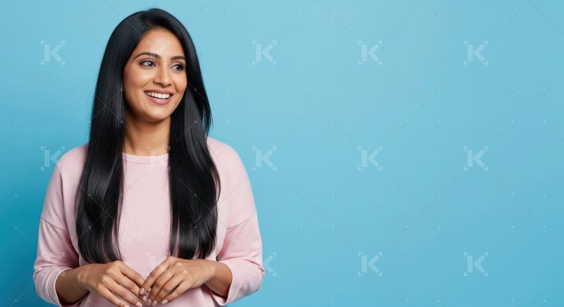 Young Indian Woman Smiling, Looking Away on Blue Background
