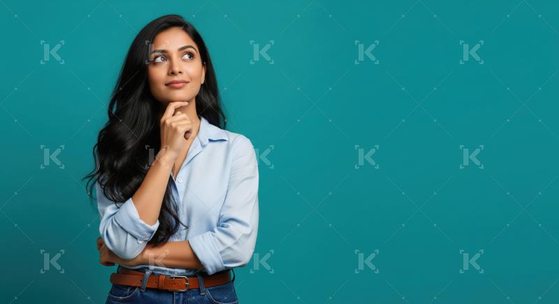 Thoughtful Young Indian Woman Contemplating Ideas on Teal Backgr