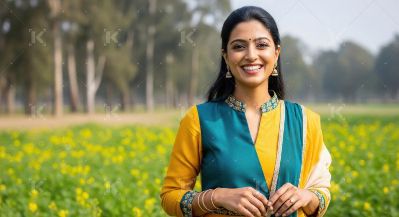 Beautiful Indian Woman Smiling in Yellow Flower Field