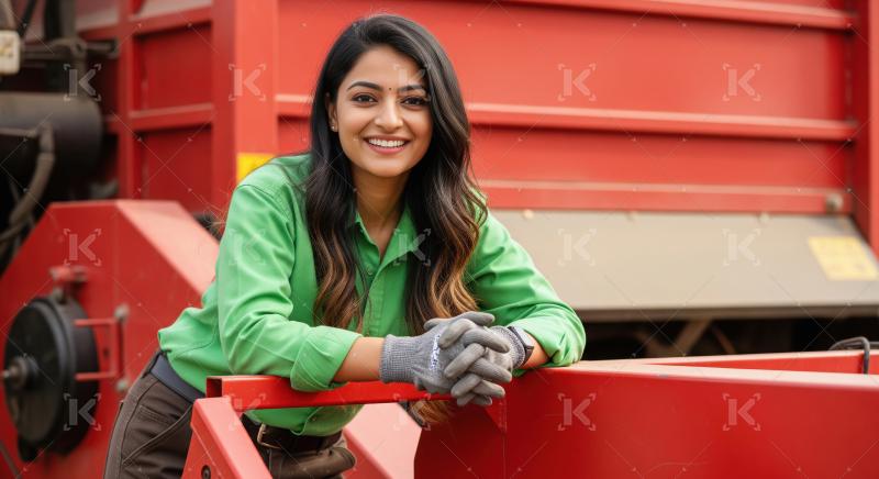 Confident Indian Woman Farmer with Modern Farm Machinery
