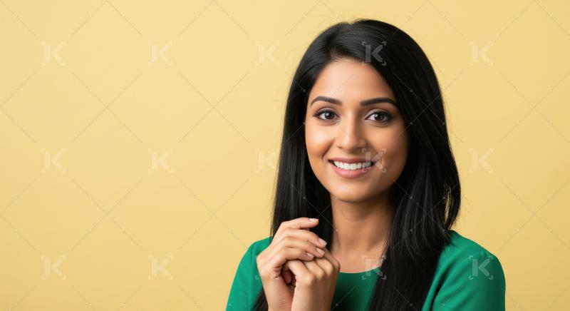 Smiling Indian Woman Posing Confidently on Yellow Background