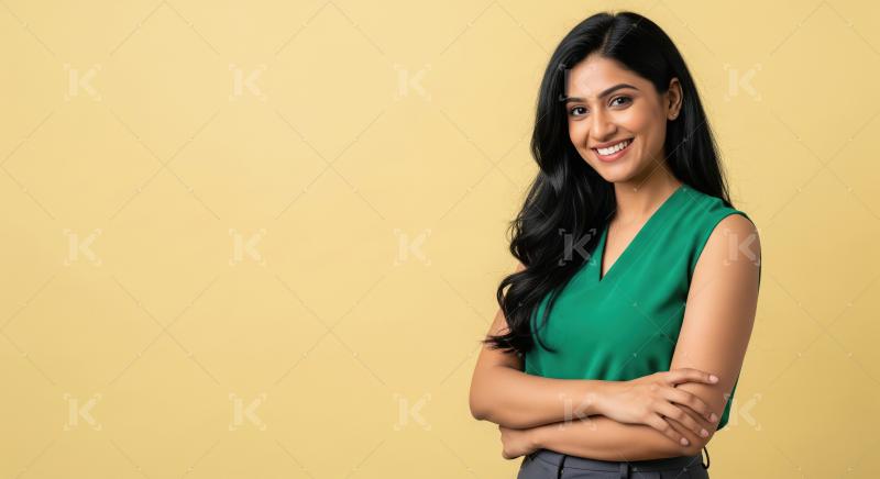 Confident Indian Woman Smiling with Crossed Arms on Yellow Backg