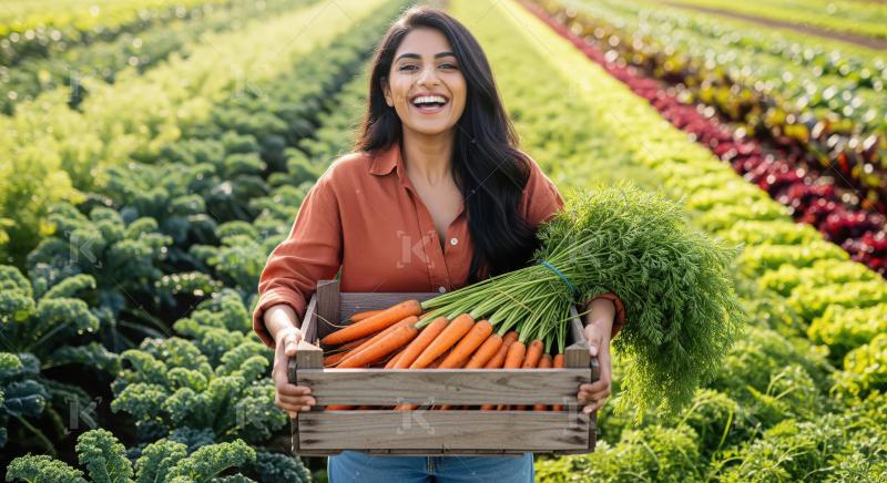 Joyful Woman Holds Fresh Carrots on Organic Farm