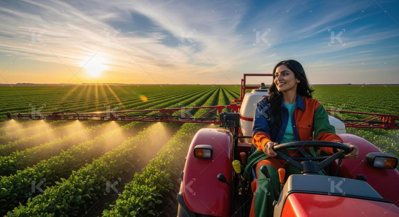 Woman Farmer Sprays Crops at Sunset with Modern Tractor