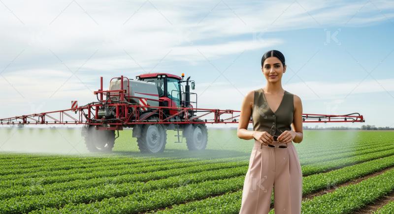 Young Woman Oversees Modern Agriculture with Sprayer in Green Fi