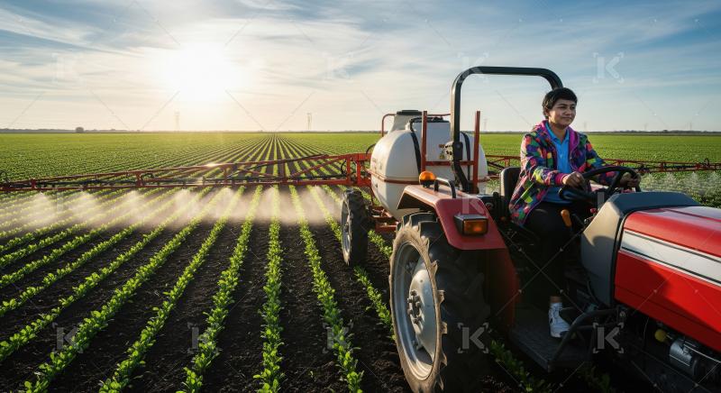 Young farmer spraying field with tractor during sunrise