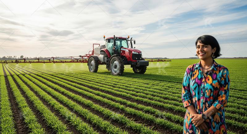 Young woman farmer smiling in field with tractor spraying crops.