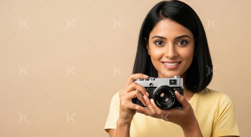 Young Woman Smiling Happily Holding a Classic Vintage Film Camer